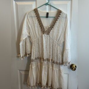 Boho Eyelet Midi Dress with Crochet Trim - Cream